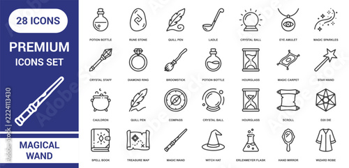Collection of 28 magical and fantasy themed line icons featuring wands, potions, spell books, and mystical on a white background, for web use