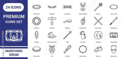 Collection of 24 marching drum and percussion themed line icons featuring drumsticks, cymbals, harnesses, and musical equipment on a white background