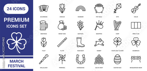 Set of 24 march festival and st. patrick's day themed line icons featuring shamrocks, harps, rainbows, and festive on a white background