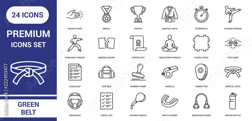 Set of 24 martial arts and karate themed line icons featuring belts, trophies, medals, and training equipment on a white background, for sports