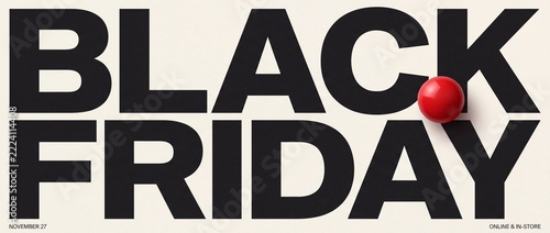 Minimalist Black Friday sale banner with bold Swiss typography, oversized black lettering, 3D red sphere accent, and wide panoramic layout for luxury fashion advertising