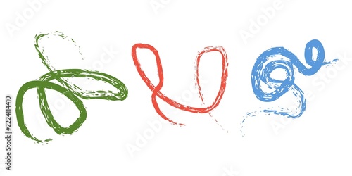 Three abstract colorful brushstroke shapes in green, red, and blue on white background. Expressive freeform line art illustration perfect for modern design