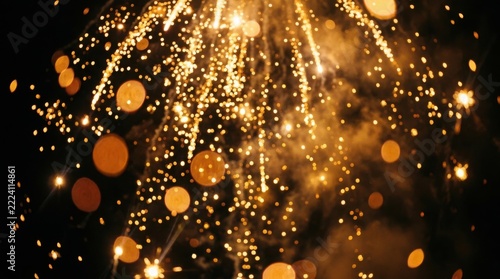 Golden fireworks display with bokeh effect in the night sky