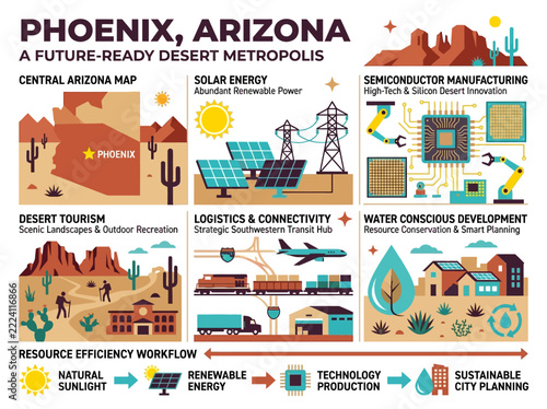 Phoenix Arizona future-ready desert metropolis infographic showing solar energy, semiconductor manufacturing, desert tourism, logistics, and water conservation