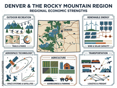 Denver and the Rocky Mountain Region economic strengths infographic featuring regional industries like aerospace, agriculture, renewable energy, and outdoor recreation in a flat vector design
