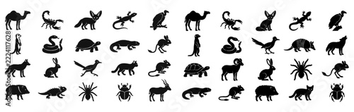 Assorted desert and arid climate animal silhouettes in a design grid