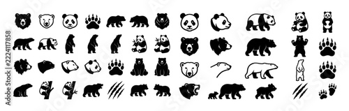 Collection of bear icons and paw prints in a monochrome layout with polar