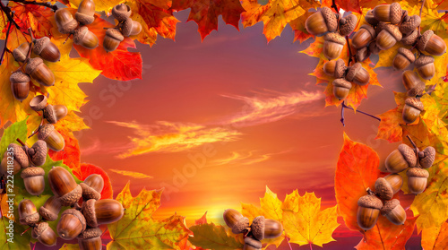 autumn leaves frame with acorns