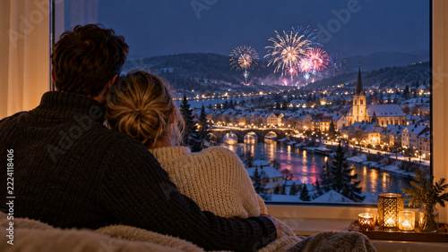 Couple watching New Year's fireworks from a warm home window