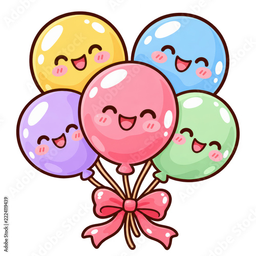 Cute Kawaii Smiling Balloons Bouquet With Pink Bow — Colorful Party Celebration Illustration