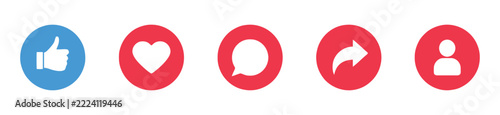 Social Media Reaction Icons Set with Like Heart Comment Share and Profile Symbols in Flat Vector Style