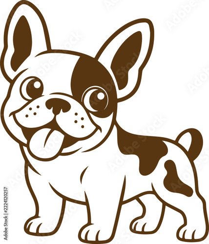 Brown line drawing of cute bulldog puppy standing for veterinary and pet shop branding art.