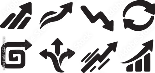 Black directional arrows and growth progress icons set for business data visualization use.