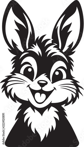 Cute happy bunny rabbit head illustration black line art drawing for kids room decor.