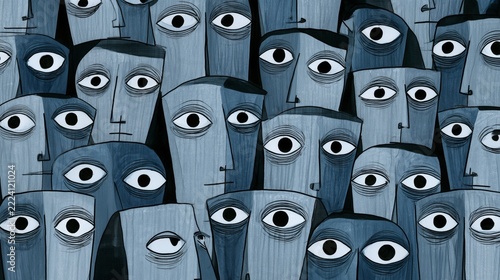 Crowd of abstract faces with expressive eyes in a dark blue color scheme