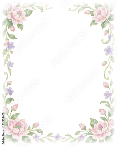 Elegant vintage watercolor floral frame vector with soft pink peonies, purple flowers, and subtle gold line accents. Ideal for wedding invitations and cards.