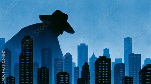 Mysterious silhouette of a man in a fedora hat overlooking a dark blue city skyline in a vintage noir style illustration