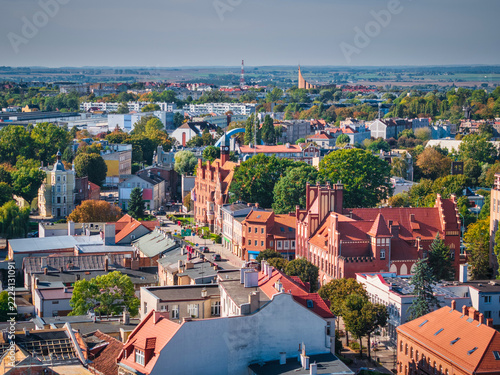 Beautiful architecture of the market square in Tczew on the Vistula River on a sunny day. Poland.