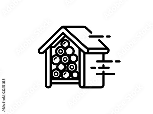 Wood storage shed filled with logs while wind blows outdoors in a simple graphic style