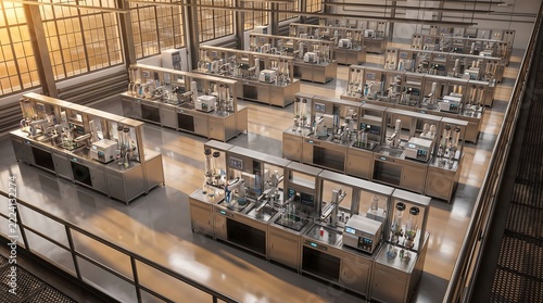 Array of automated microbiological culture analysis instruments and incubators in sterile cleanroom laboratory