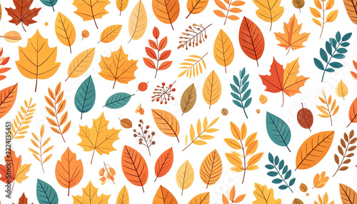 Autumn seamless pattern with scattered golden leaves, red foliage, and brown twigs on a warm cream background.