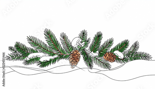Continuous line art of winter foliage, pine branches, and delicate pine needles, minimalist botanical illustration on a white background.