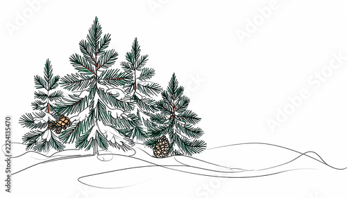 Minimalist one-line art illustration of winter foliage, slender pine needles, and pine branches, elegant nature-inspired design.