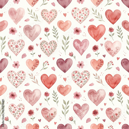 Watercolor floral hearts seamless pattern with cute pink flowers and leaves for Valentine's Day