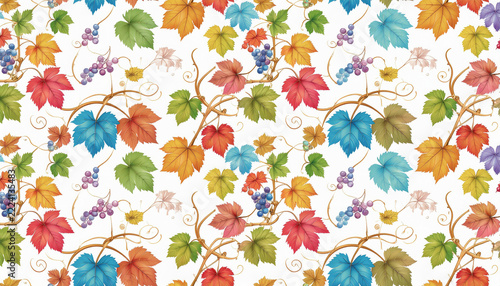 Seamless pattern of elegant vines and lush leaves in sage green, soft pink, and golden yellow, isolated on a white background.