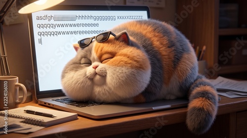 Funny chubby cat sleeping on a laptop keyboard typing gibberish 3D illustration.