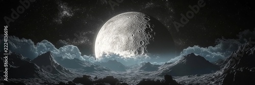 Stunning Panoramic View of the Moon Surface with Silhouetted Crater Mountains and Deep Dark Space