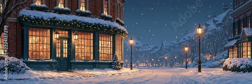 Snow Covered European Village Street with Decorated Shop Windows for Christmas Seasonal Holidays.