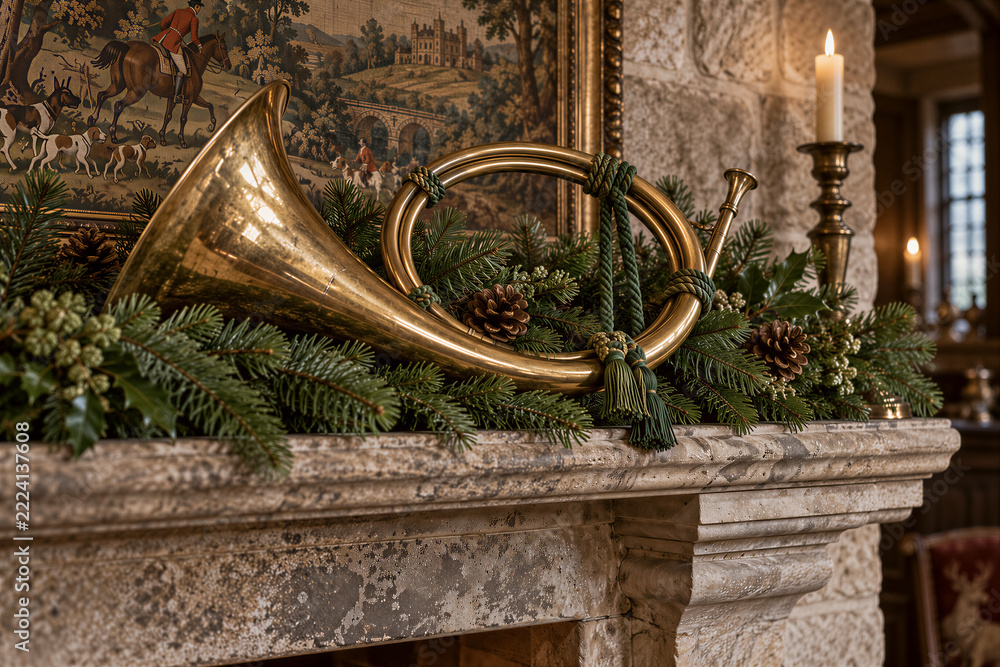 Naklejka premium Brass horn resting on festive evergreen mantel decoration, pine cones and lit candle in rustic stone fireplace, holiday atmosphere. Christmas decor, winter celebration, interior design.