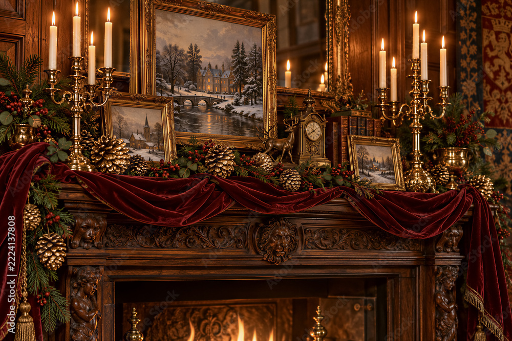 Naklejka premium Ornate wooden fireplace mantel decorated for winter festivities, gold candelabras with lit candles, pine branches, pinecones, and velvet drapery. Festive interior design