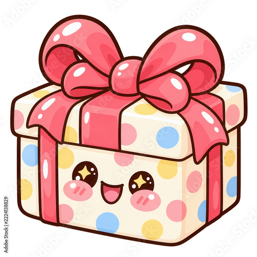 Cute Kawaii Gift Box With Pink Bow And Polka Dot Wrapping — Smiling Present Illustration