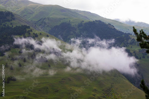 Misty Green Mountain Landscape in Gomecari Valley, Tusheti, Georgia