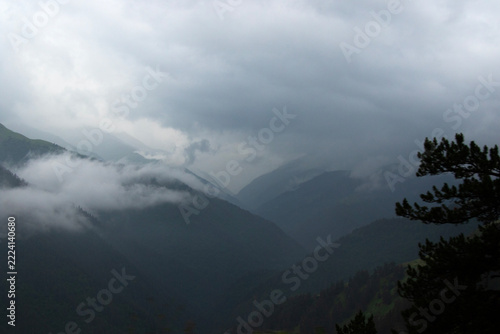 Misty Green Mountain Landscape in Gomecari Valley, Tusheti, Georgia