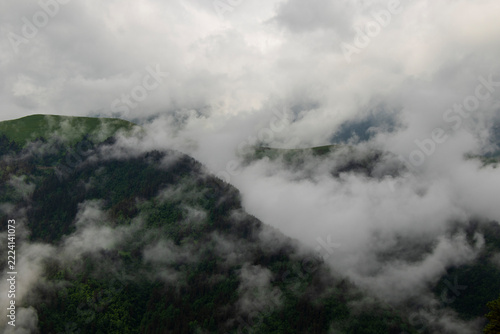 Misty Green Mountain Landscape in Gomecari Valley, Tusheti, Georgia