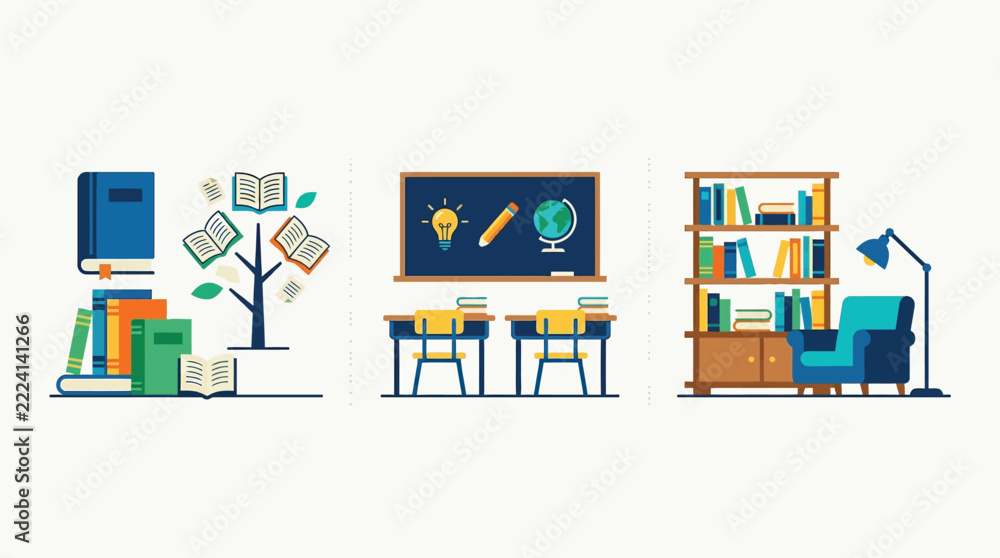 Obraz premium Education and Schooling Flat Vector Illustration Set: Knowledge Tree, Classroom Learning, and Library Reading Nook. Icons for Literacy, Growth, and Academic Success.