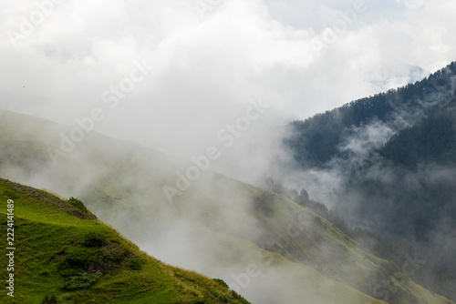 Misty Green Mountain Landscape in Gomecari Valley, Tusheti, Georgia