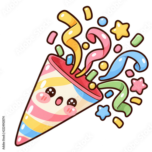 Cute Kawaii Party Popper With Colorful Confetti, Streamers and Stars for Celebration Designs