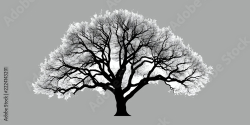  Large Leafless Tree Silhouette with Intricate Spreading Branches, Bare Winter Oak Tree Clipart, Black and White Nature Illustration