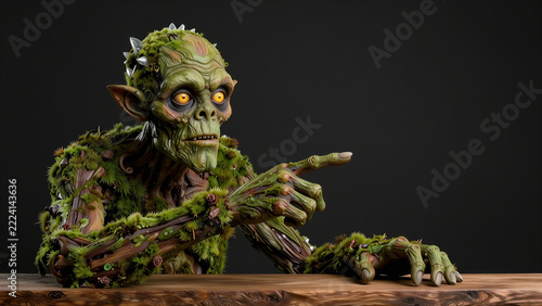 Fantasy tree creature pointing to copy space at a wooden table