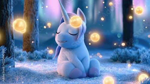 cute mystical unicorn in a glowing winter forest illustrated animation