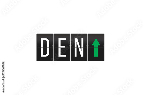 Split-flap display reading DEN with a green upward arrow on black panels, symbolizing Denver arrivals, departures, travel growth and positive progress on transparent background