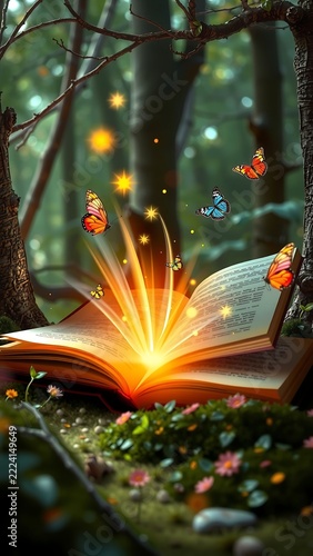 Open Magic Book Glowing Lights A Fairy Forest