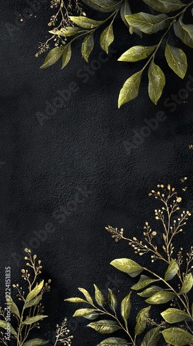 Dark charcoal black velvet textured mockup with green gold-trimmed leaves and thin branches, vertical format, copy space for text, dark botanical style background