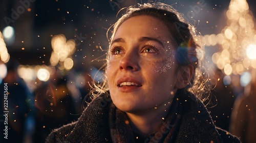 Joyful young woman looking up in wonder at a festive holiday market with glowing bokeh lights and falling snowflakes at night