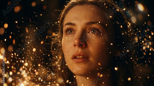 Young woman looking up in wonder surrounded by golden glowing magical sparks and bokeh lights in a dark cinematic environment