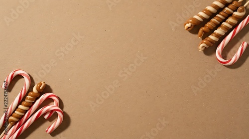 Caramel and red-striped candy canes arranged diagonally on kraft paper